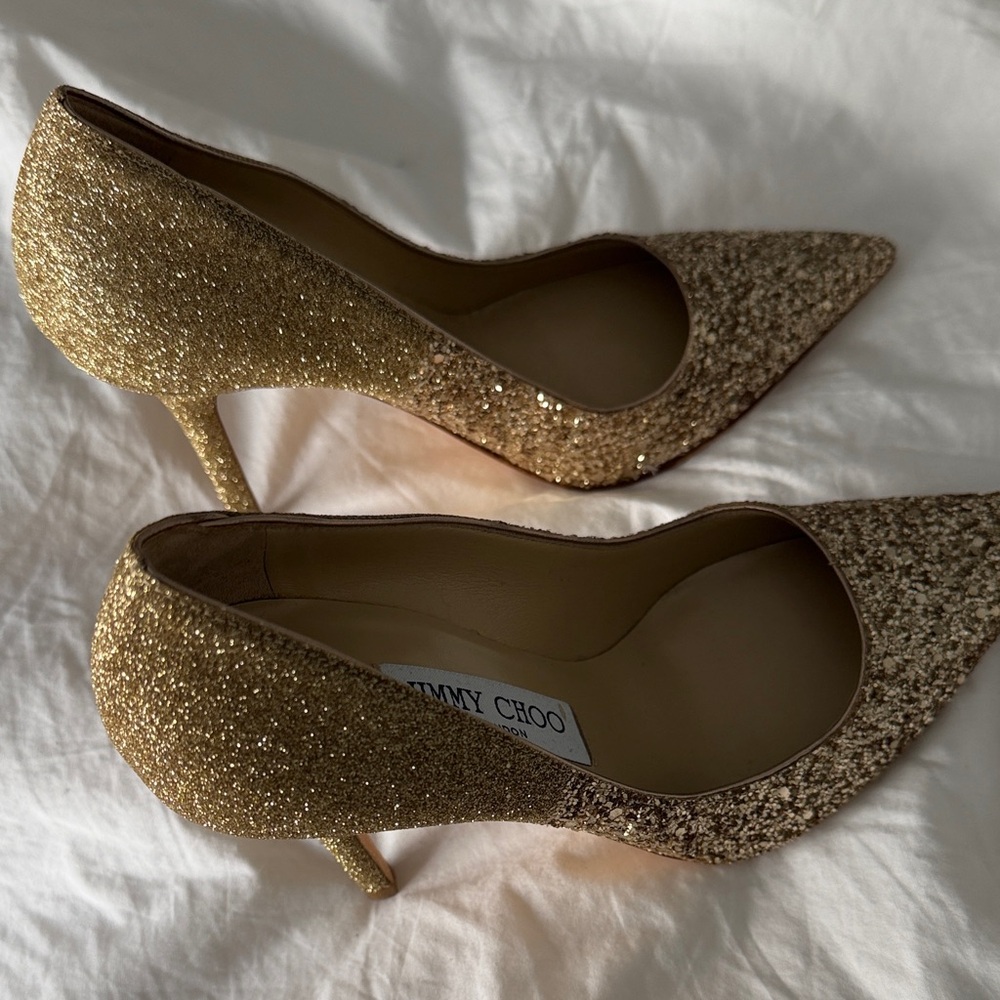 Jimmy Choo Gold Glitter Pointed Toe Pumps